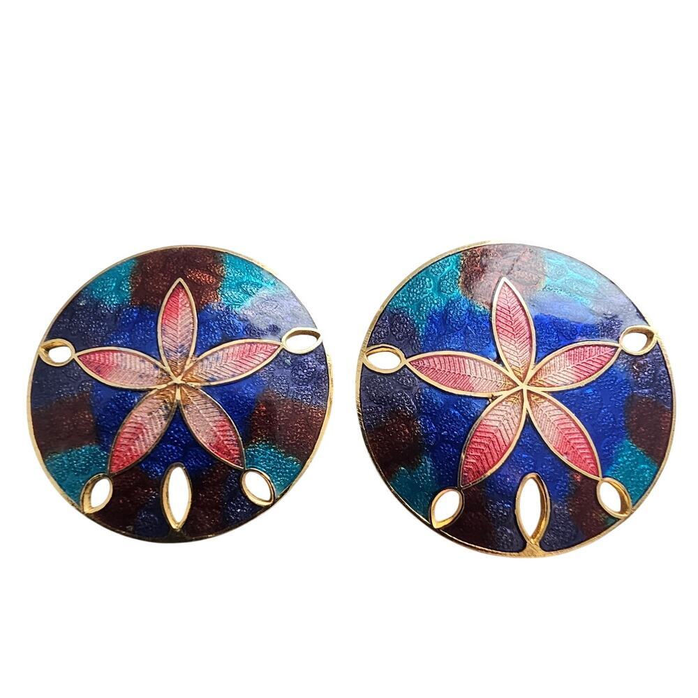 Vintage Cloisonne Enamel Floral Stud Earrings Blue Jewelry Gold Tone Sand Dollar 25$